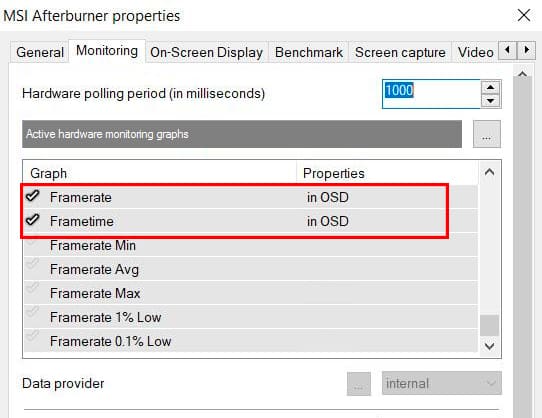 MSI Afterburner framerate and frametime monitoring