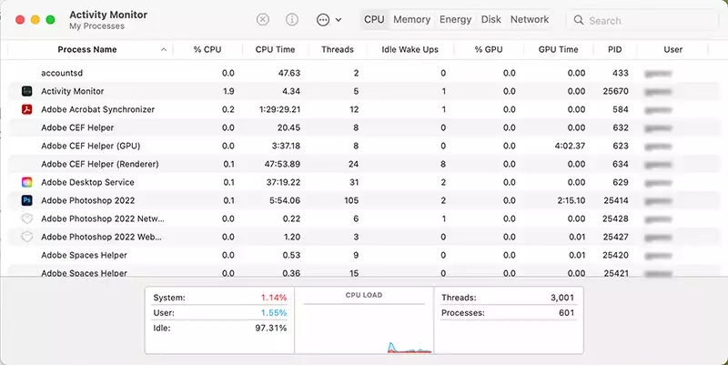 The Activity Monitor in Mac OS