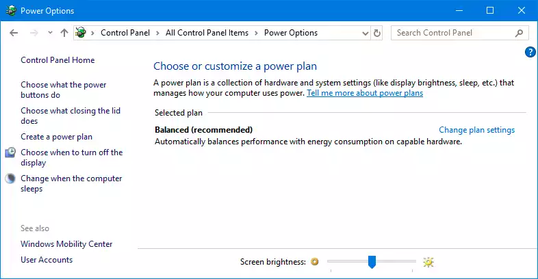Power saving options in Windows