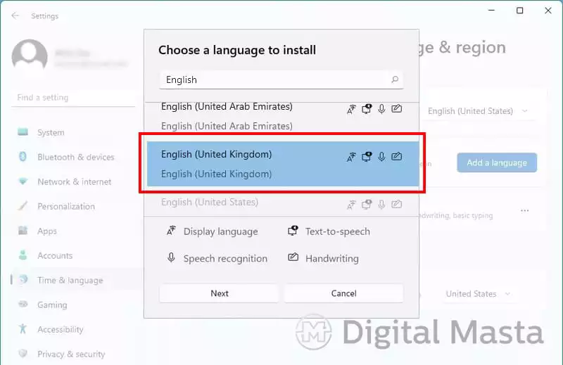 Select the language you want your Windows 11 to have and the set of features.