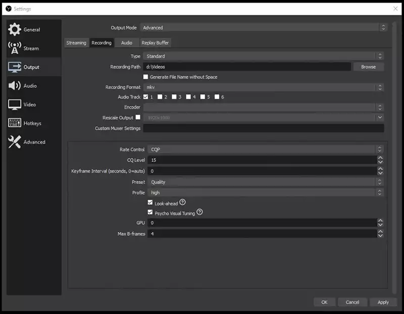 OBS screen recording settings