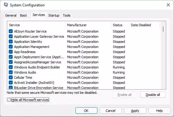 Windows 11 services at startup.