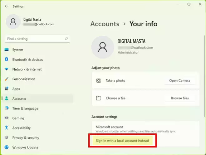 Windows 11 Account settings